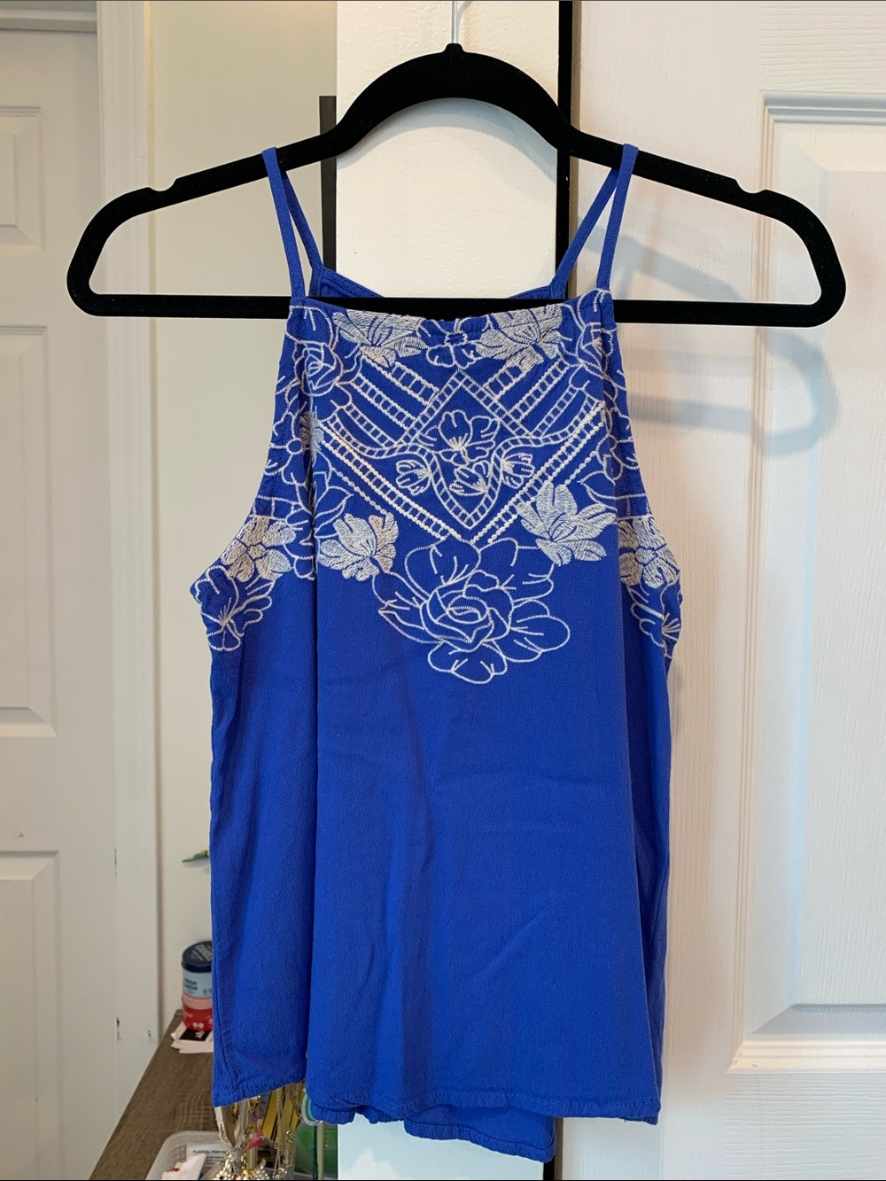 Love on a Hanger Royal Blue Tank with White Floral Embroidery